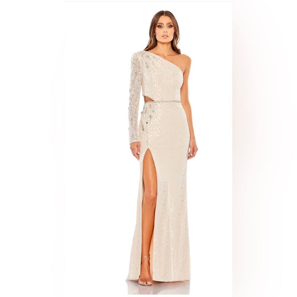 Nwt Mac Duggal Embellished One Sleeve Cut Out Nude Gown 6